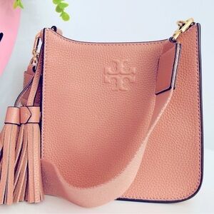 NEW Tory Burch Thea Mini Web Shoulder Bag Pebbled Leather in Pink Moon Tassle